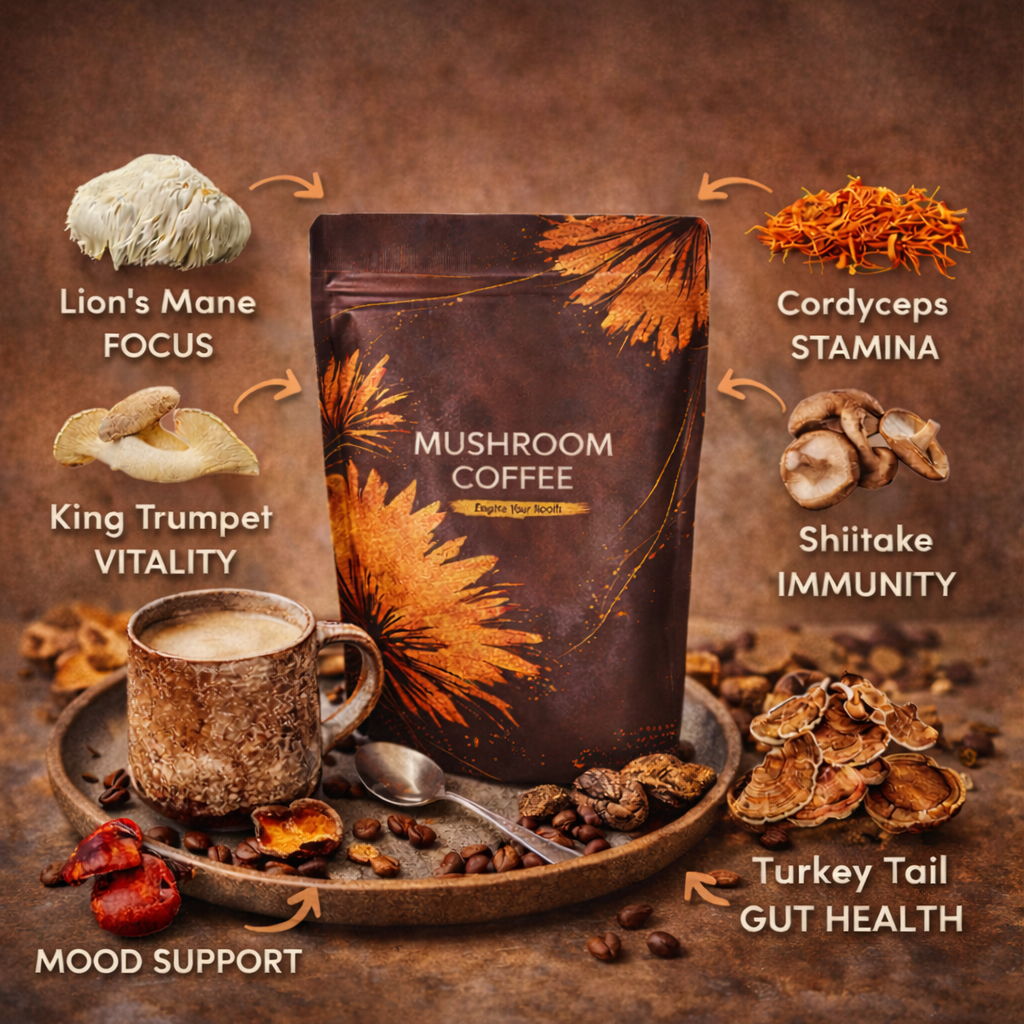 Mushroom Coffee Organic with 6 Adaptogenic Mushrooms,Lion’s Mane, Turkey Tail, Cordyceps, Reishi & MCT Oil and Supports Focus, Digestion, Immunity & Energy, 30 Servings Instant Coffee for Better Energy, Focus Digestion Immunity 30 Servings